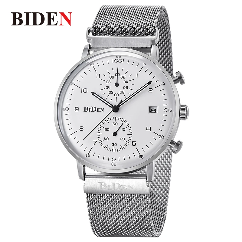 

BIDEN Men Watches Luxury Men's Quartz Wristwatches Mesh Strap Male Watch Stopwatch Auto Date Chronograph Waterproof Clock 2018