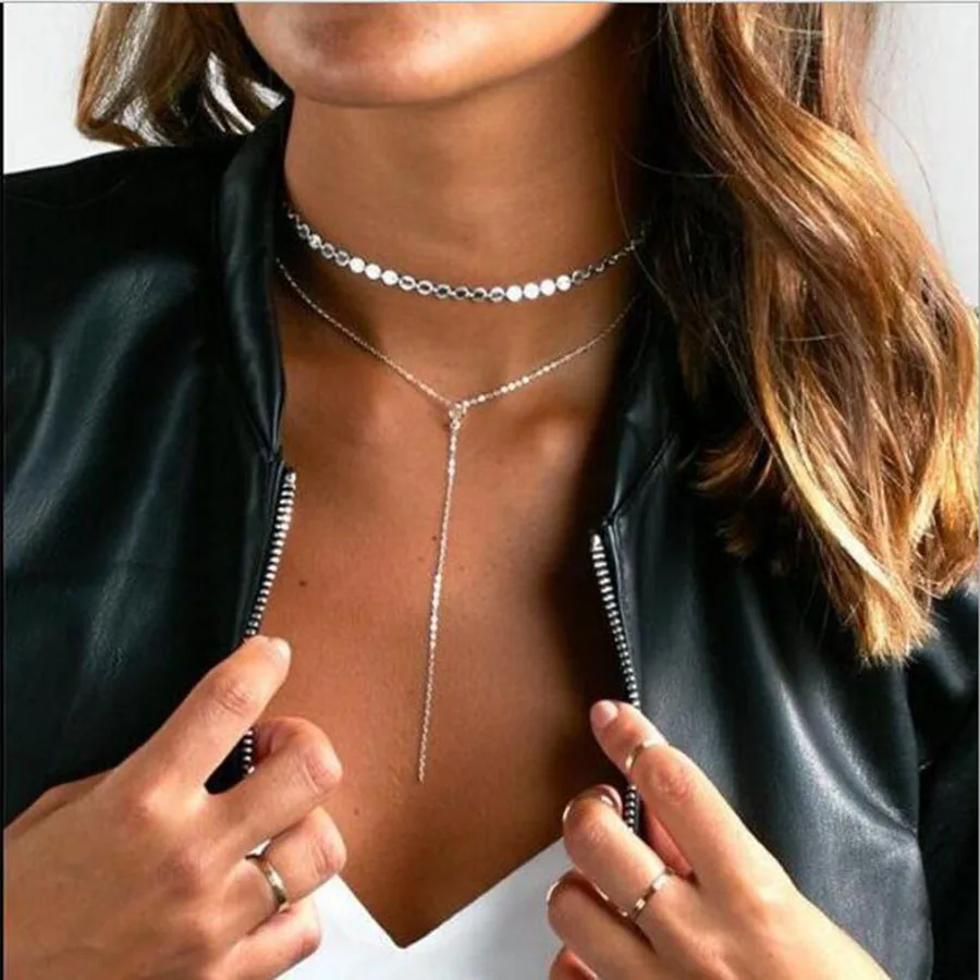 

Gold color Double Layer Crystal Necklace Fashion Jewelry chain Choker Necklaces for Women Cocktail Party rhinestone choker