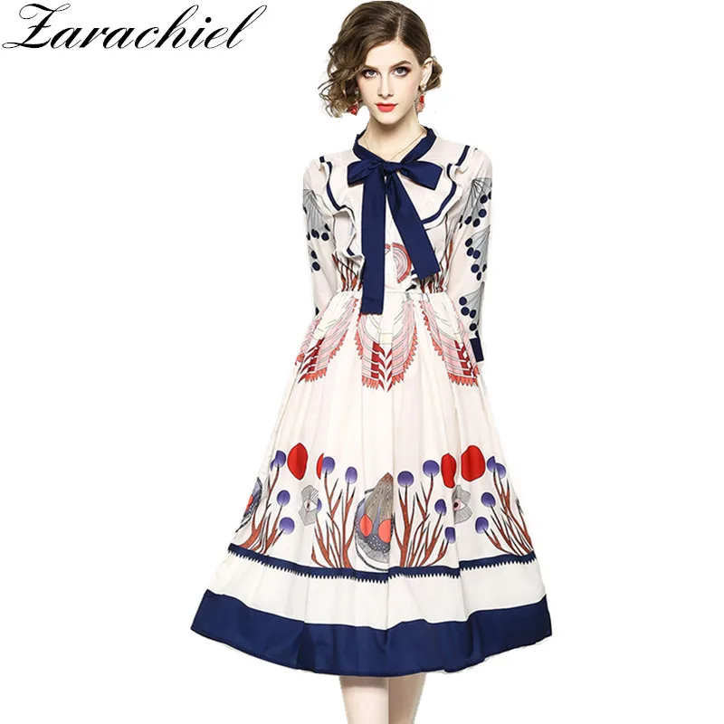 

Runway Designer Ruffles Bow Tie Collar Chiffon Dress 2019 Summer Women Vintage Coralline Shell Printing Elastic Waist Long Dress