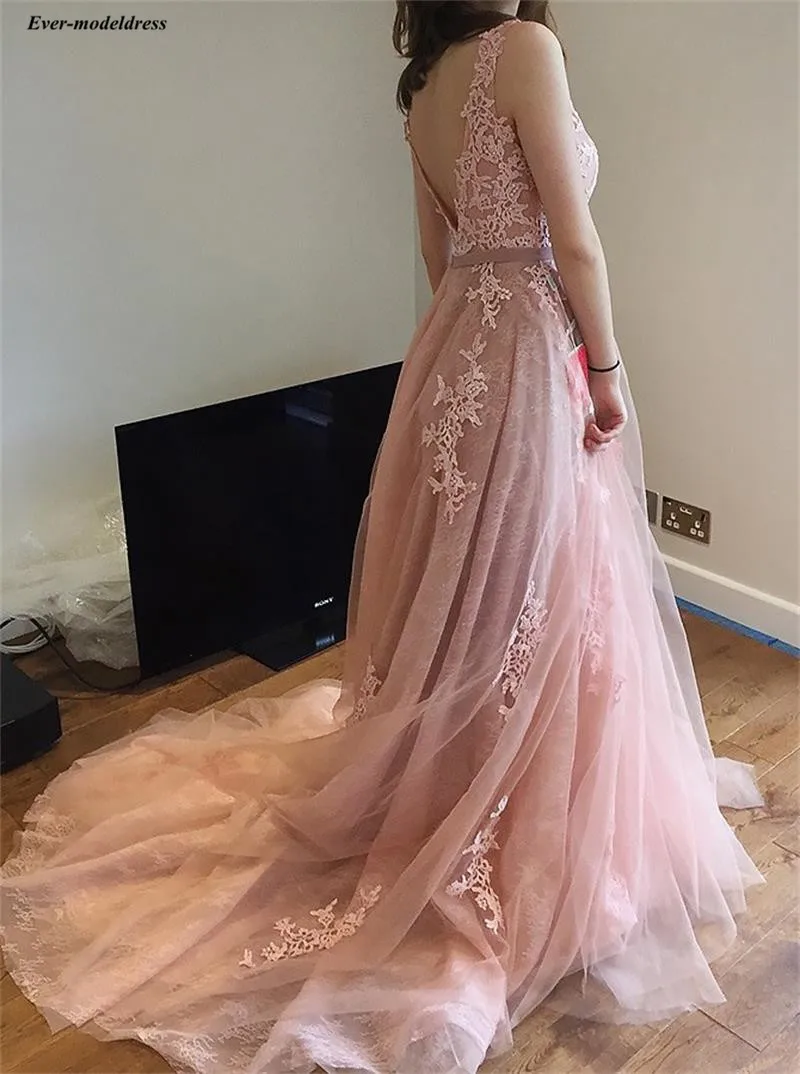 Vestido graduacion largo розовый кружевной тюлевые платья для выпускного вечера 2019 аппликации А-силуэта накидки для официальных мероприятий