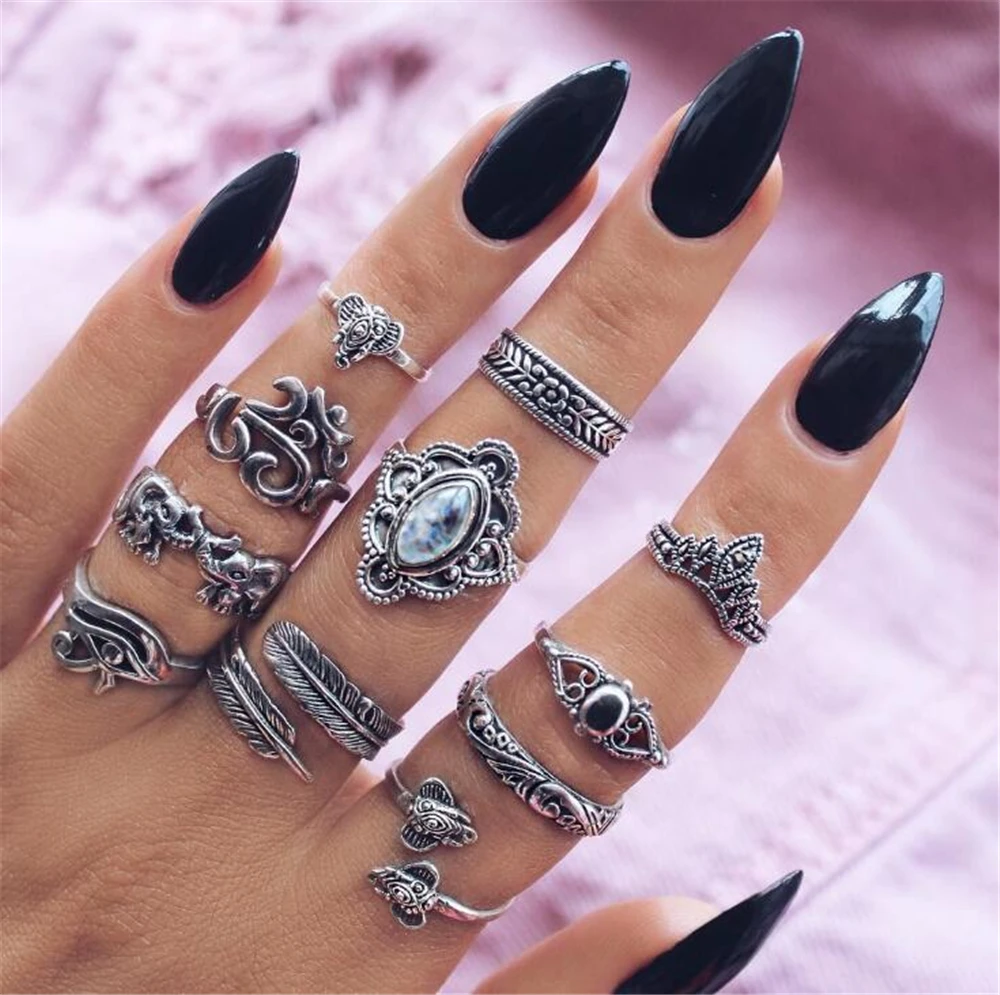 

VIVILADY 14 Style Punk Tibetan Silver Color Finger Midi Knuckle Ring Sets Sun Elephant Cross Feather Unicorn Cocktail Party Gift