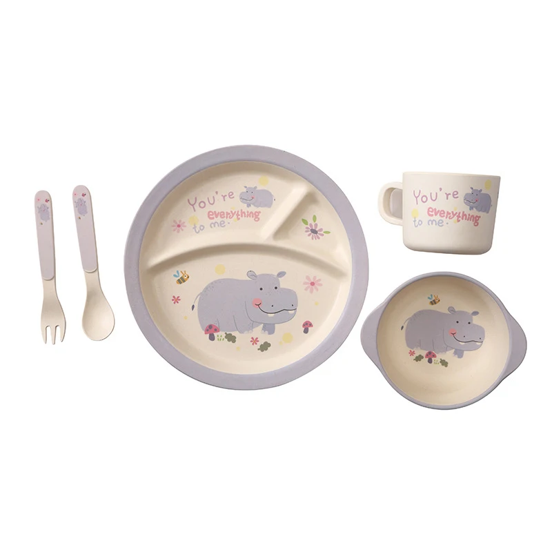 5 PcsSet Baby Bamboo Fiber Dinnerware Eco-friendly Children Feeding Food Plate With Cup Spoon Fork Food Storage Plate BB5120 (3)