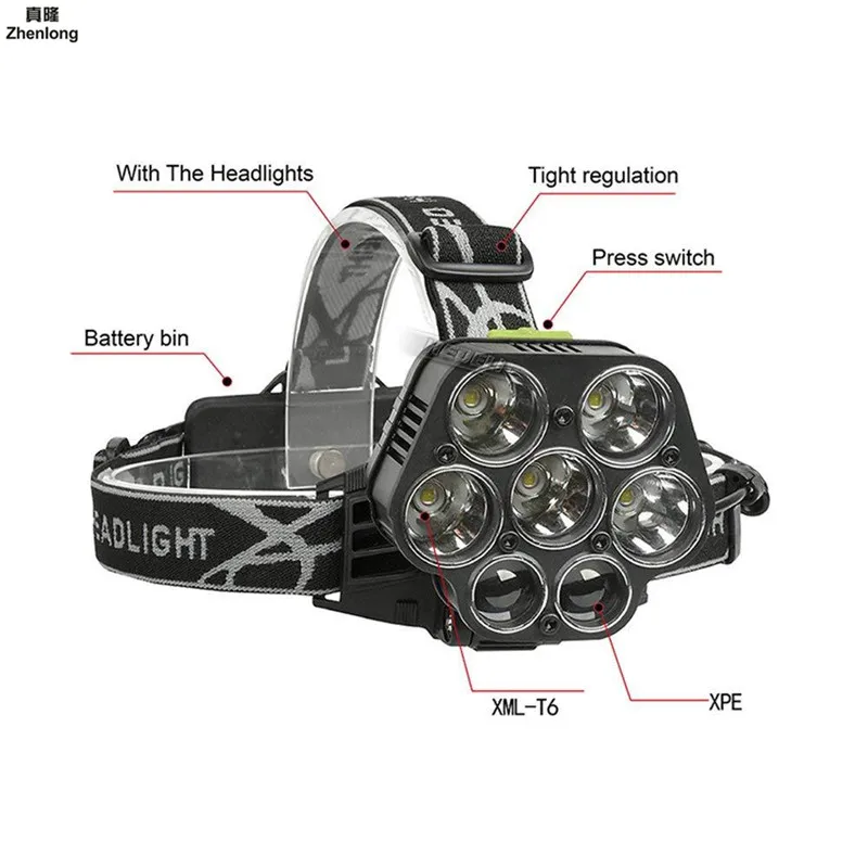 USB Перезаряжаемый CREE XML-5* T6 7 светодиодный налобный фонарь Многофункциональный Головной фонарь светодиодный светильник-вспышка Белый Синий головной светильник 18650 ночная рыбалка