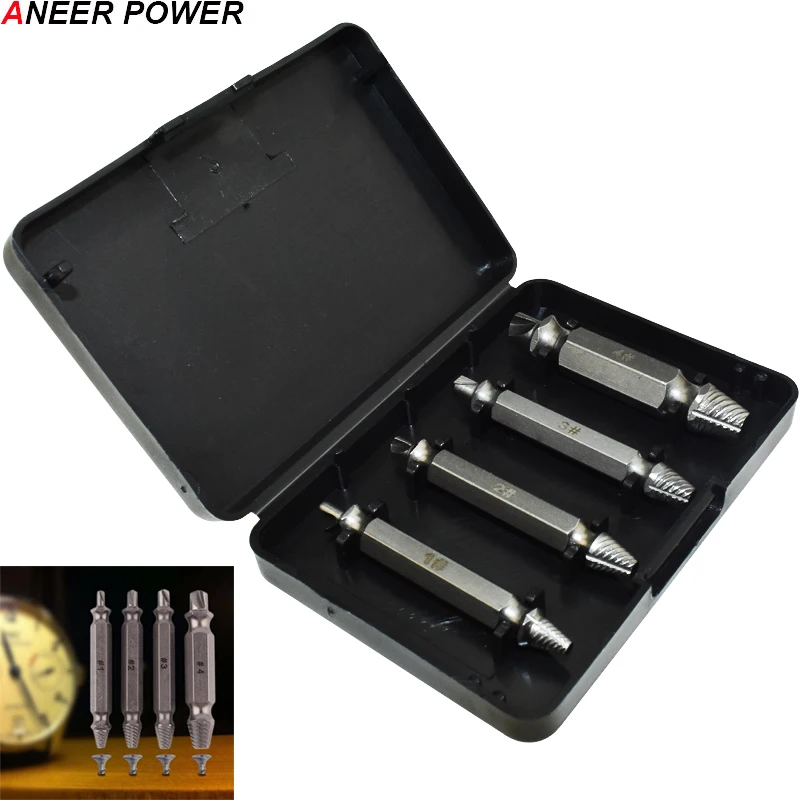 4pcs Damaged Screw Take Out Tear Down Tools Screwdriver Broken Screw Extractor Sliding Teeth 2 Head Bolt Extractor Drill Bit