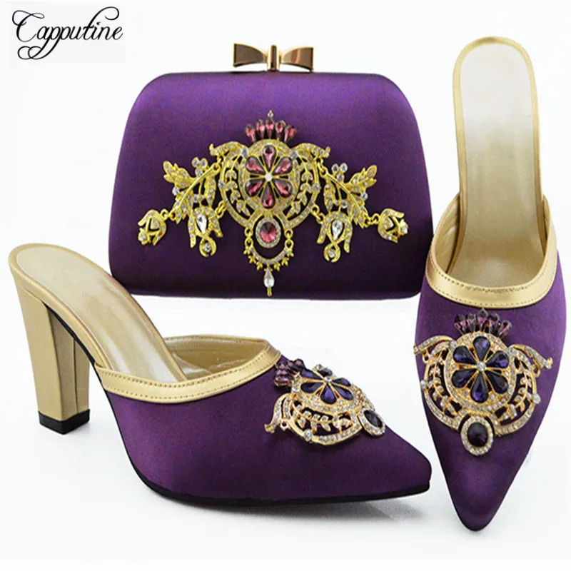 Fashion Elegant Rhinestone Woman Shoes And Matching Bags Set Size 38-43 Italy Style High Heel Shoes And Bags For Wedding SL009