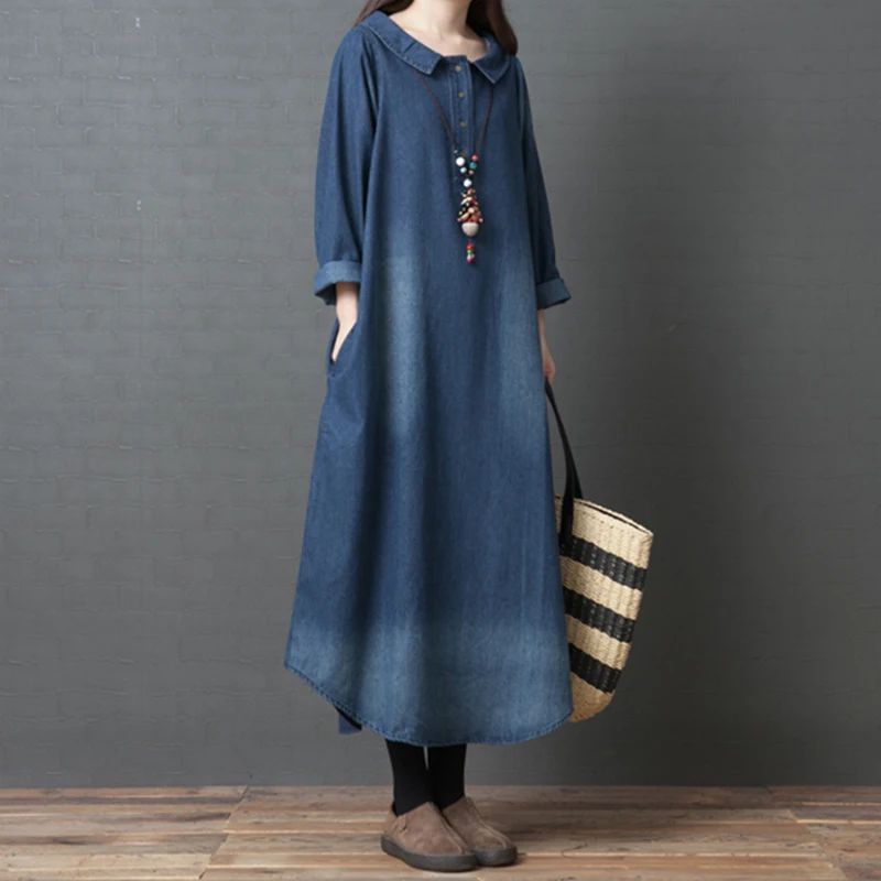 

2019 Solid color Plus Size Denim Dress Women Long Sleeve Vintage Spring Dress Vestidos O-neck T Shirt Jeans Dress aa937