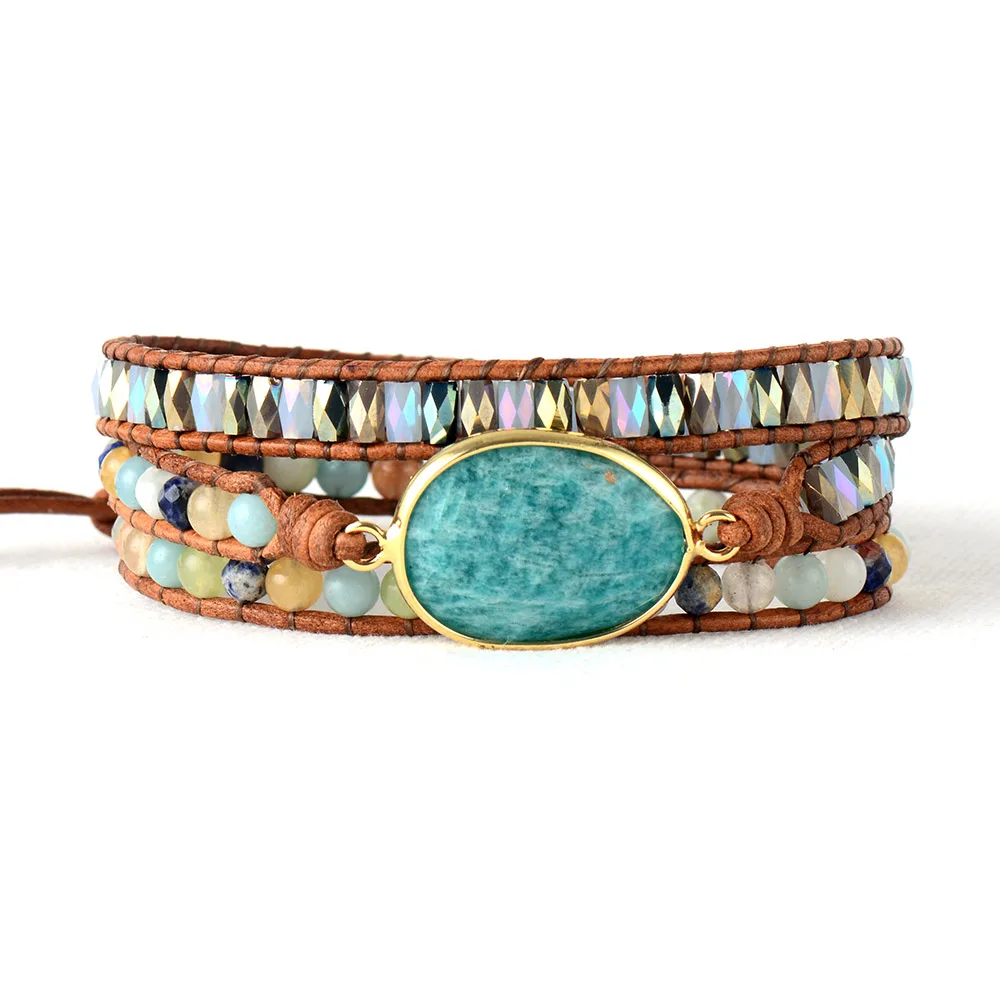 

Exclusive Womens Bracelets High End Amazonite Stone Rhinestone 3 Rows Leather Wrap Bracelet Femme Boho Bracelets Dropship