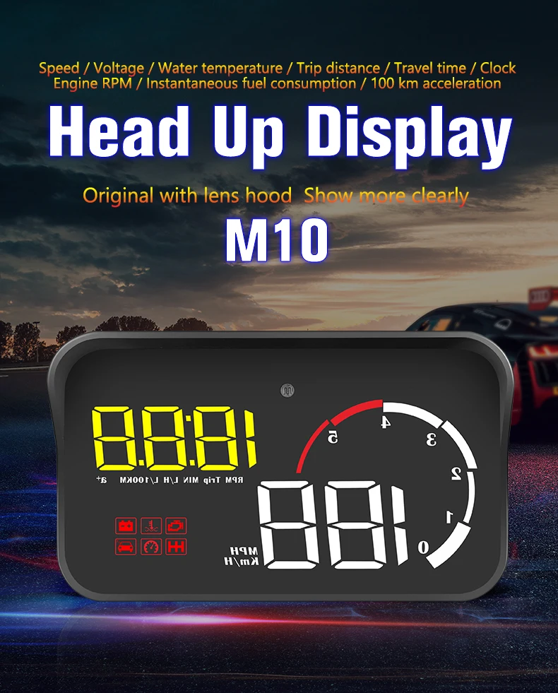 Geyiren новые M10 hud-дисплей с блендой желтый светодиодный световой сигнал для лобового стекла проектор головой вверх дисплей OBD сканер Скорость топлива Warnin