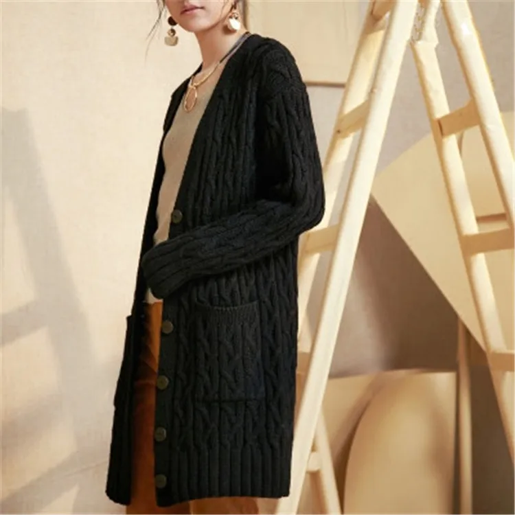  100%hand made pure wool Vneck knit women loose H-straight long cardigan sweater one&over size
