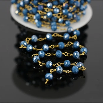 

5Meter,Gold Plated Wire Wrapped Brass Dark Blue Glass Bead Rosary Chain,Blue Jade Crystal Quartz Faceted Rondelle Chain Necklace