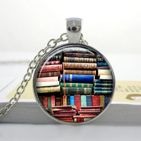 Image Library Book Case NecklaceVintage Style Gift for Students Teachers and Librarians Necklace ,Old books necklace