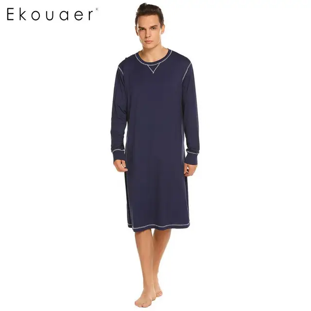 Ekouaer Men Sleepwear Long Nightshirt Long Sleeve Lightweight Loose Casual Sleepshirts Male Comfortable Home Nightwear Plus Size