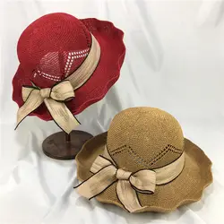 Ручной работы ткань рафии солнца Шапки для Для женщин лук на шнуровке большой краев соломенная шляпа Открытый пляж складной летние шапки