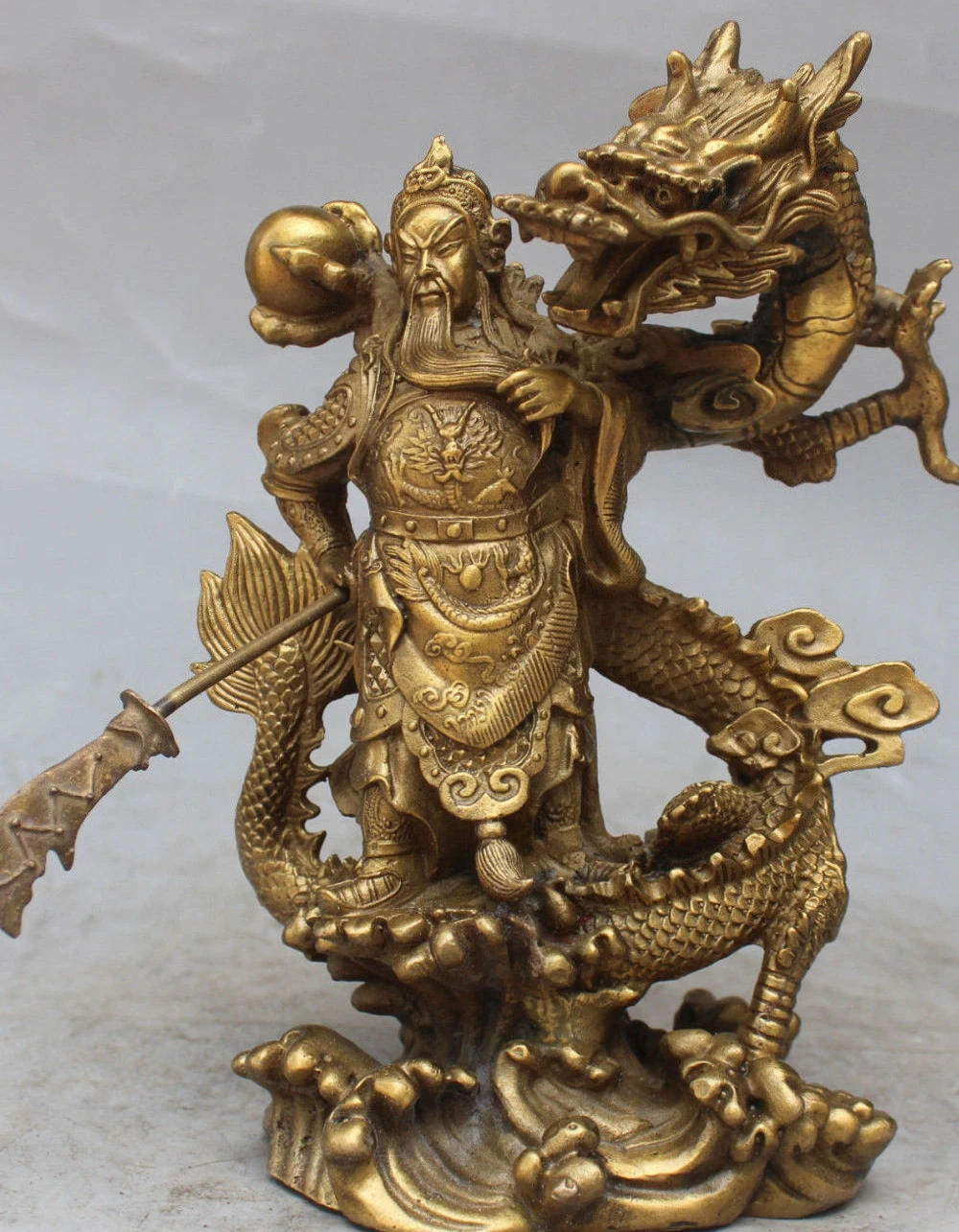

Exquisite Fengshui brass Guan Gong Yu Warrior God Sword Stand in Dragon Statue