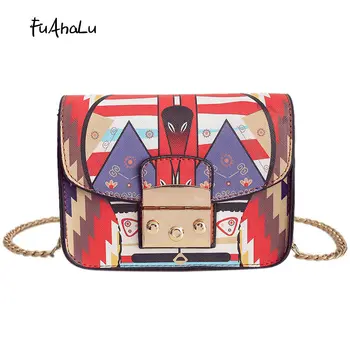 

FuAhaLu Hit color printing bag 2017 new chain shoulder Messenger bag small square bag