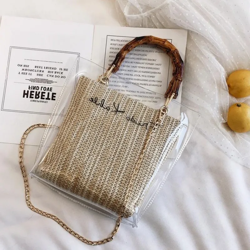 

Clear Trabsparent Straw Woven Handbag Women's Bags Fashion Letter Printed Shoulder Bag Summer Casual Bamboo Handle Totes 2019