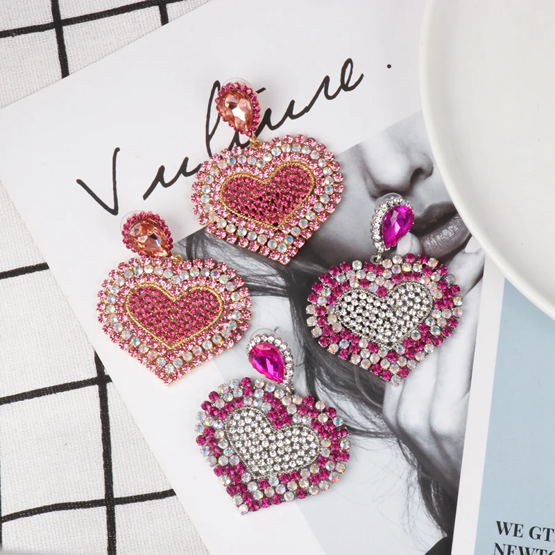 

FASHIONSNOOPS New Arrival Shiny Rhinestone Heart Charm Dangle Earrings For Women Jewelry Trendy Collection Accessories