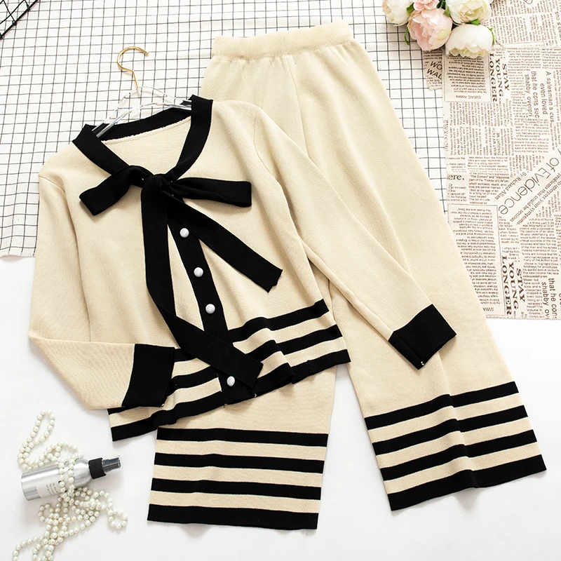 

New Spring Autumn Striped Knitted 2 piece sets women Drawstring Bow Short Cardigans Ankle-Length High Waist Wide Leg Pants Mw616