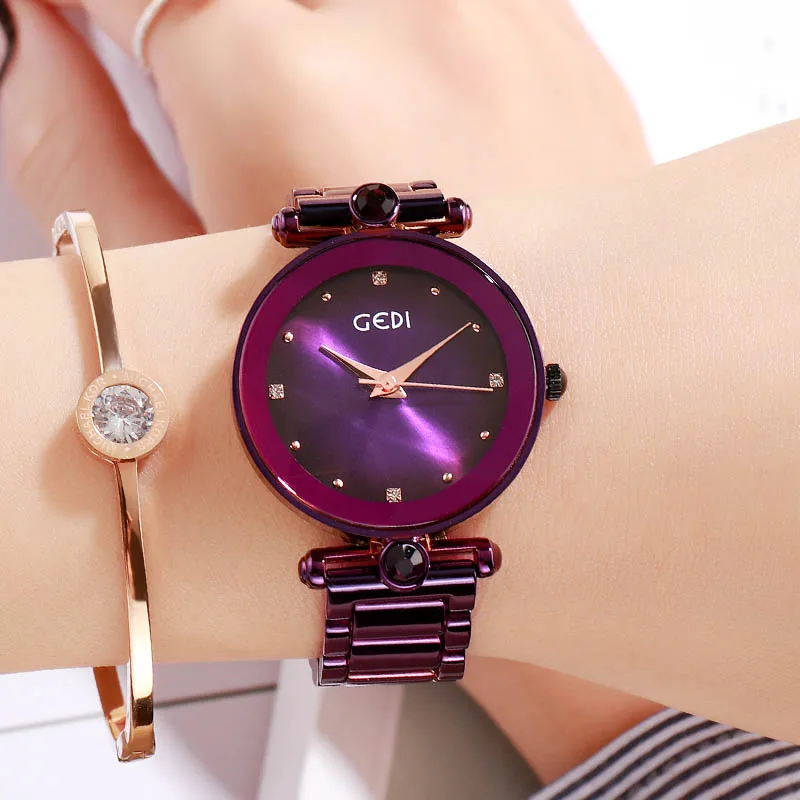 GEDI Rosegold Quartz Women's Watches Top Brand Luxury Ladies Clock Fashion Women Watch Simple Female Wristwatch reloj mujer New - Цвет: Purple watch