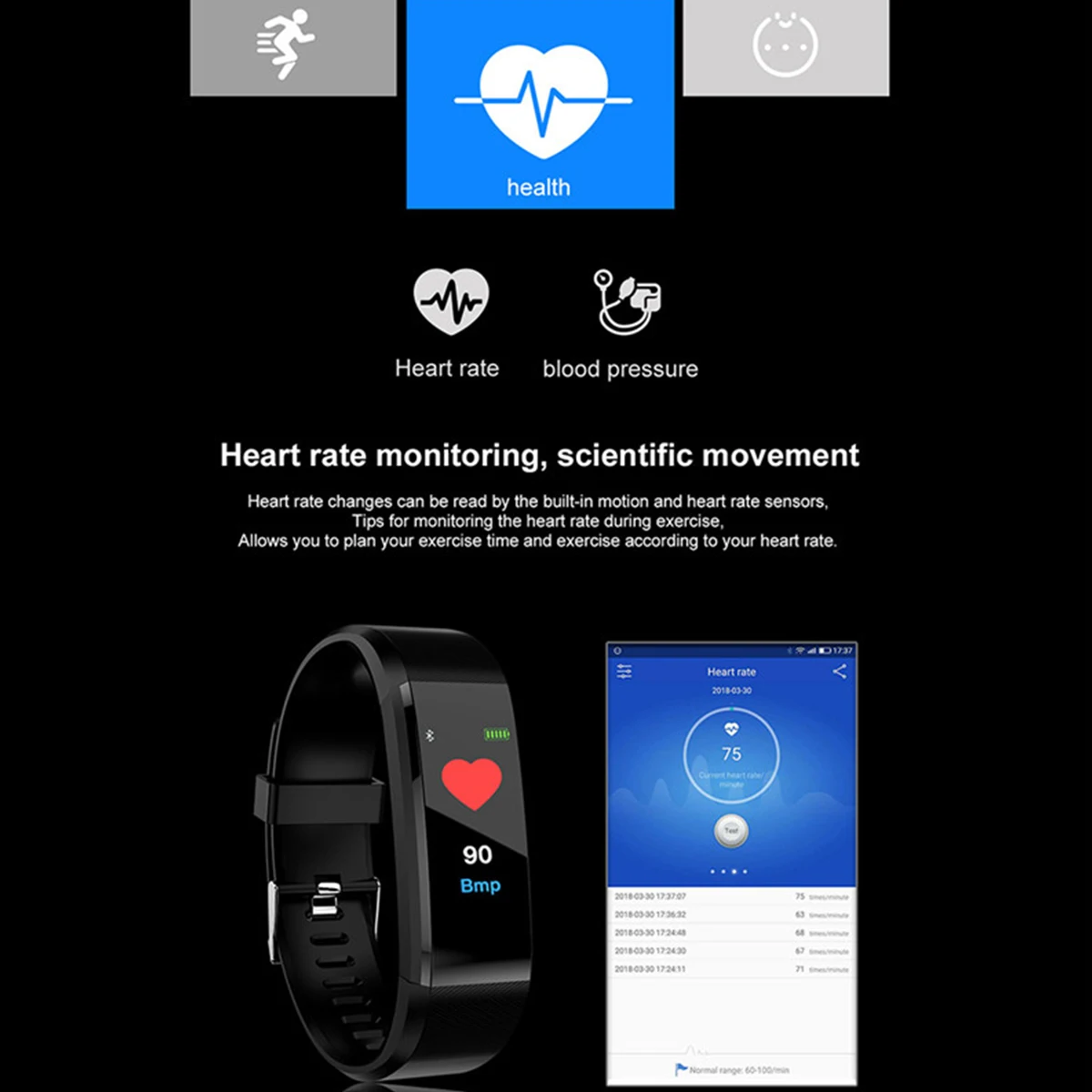 Умный Браслет, монитор сердечного ритма, умный браслет, браслет, фитнес-трекер, зарядка через usb, Bluetooth, ремешок для Xiami, IOS, Android