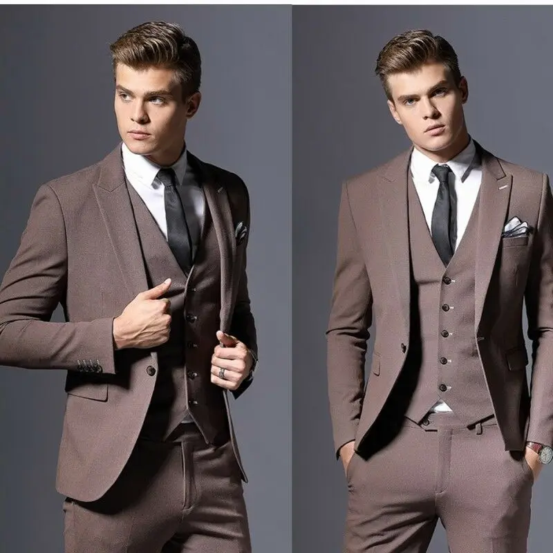 

2018 Men's Vintage Suit 3 Pcs Tweed Coco Tan 1 Button Wool 40 42 44 46 + Custom