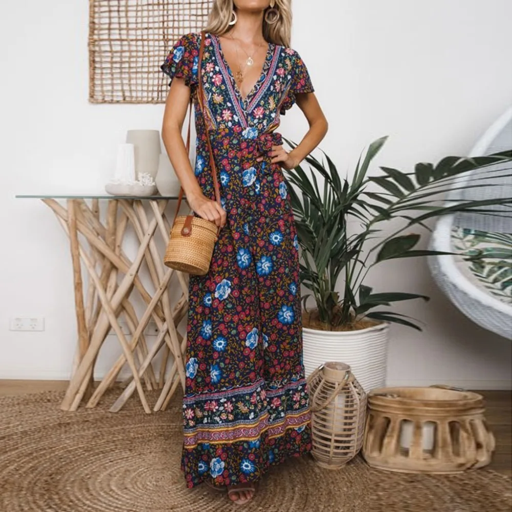 

Retro Hippie Vestidos Boho Dress Robe Women Bohemia V-Neck short Sleeve Floral Print Ethnic Beach Long Sexy Dress Y*
