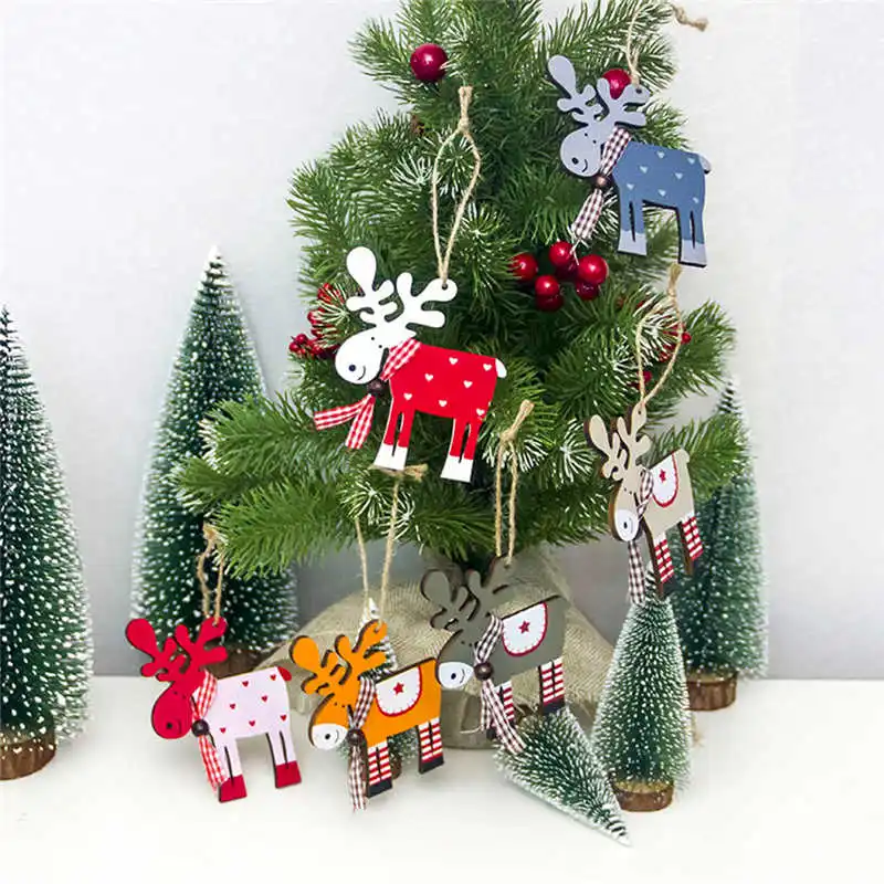 1PCS wooden painted elk Christmas Tree Decoration Pendant Drop Natal Ornaments Christmas Decorations For Home kids gift #2o22#f (6)