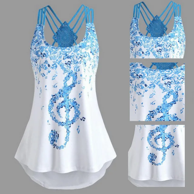 CALOFE New Women Running T-shirts Cross Back Musical Note O Neck T-Shirt Sleeveless Shirts Fitness Yoga Sleeveless Tank Tops