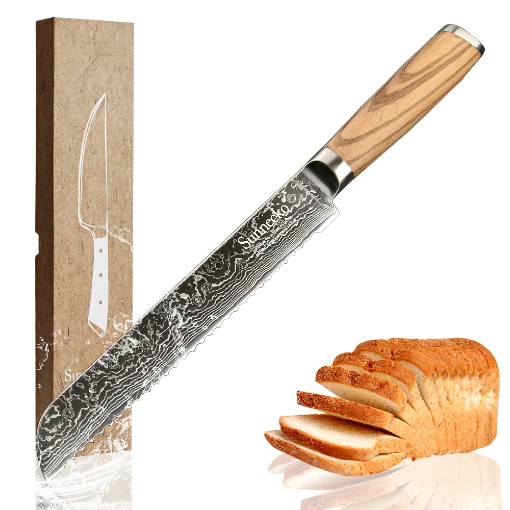 Sunnecko 8 дюймов нож для резки хлеба 73 слоя Дамасская сталь острое лезвие оригинальная деревянная ручка японский VG-10 инструменты для приготовления пищи