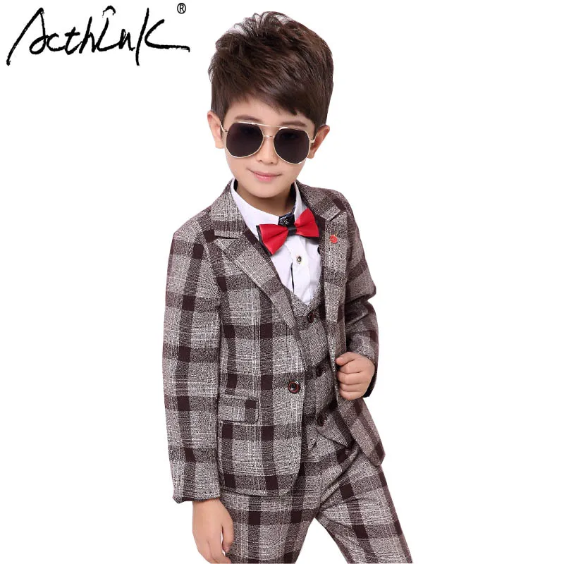 ActhInK New Design 3PCS Boys Plaid Blazer Suits Brand Design Big Boys