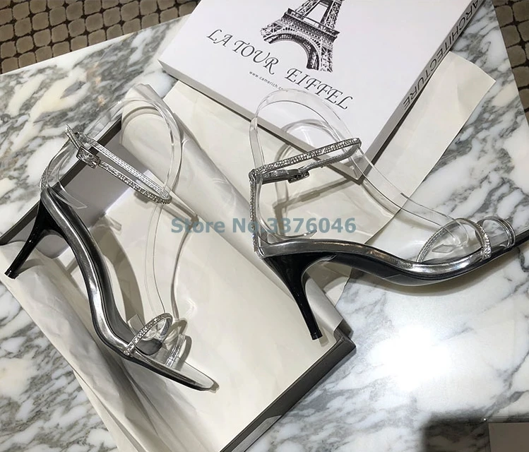 

Silver Patent Leather Narrow Band Square Toe Thin High Heels Sandals Open Toe Bling Bling Crystal Sexy Women Shoes Summer New
