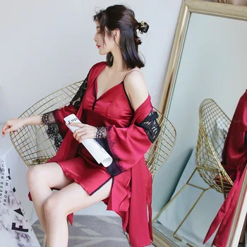 

Sexy Silk Night Gown and Robe for Women Solid Satin Robe and Spaghetti Strap Nighties Dress Lace Nighty Set 2 Pieces