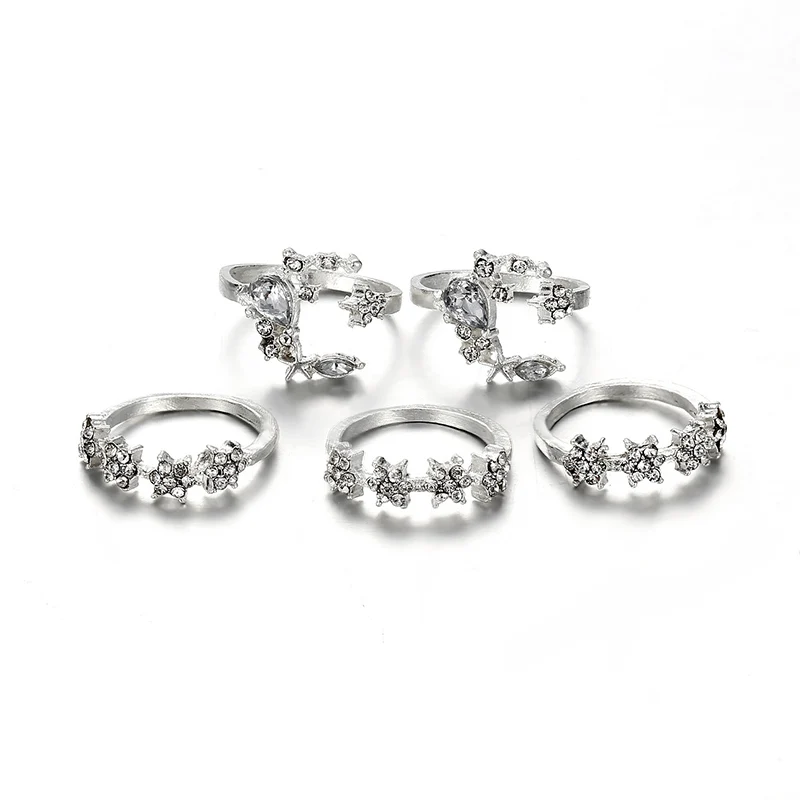 Модные Блестящие кристаллы Луна и звезда набор колец геометрические простые Стильные Кольца для женщин девушек кольцо на кастет ювелирные изделия