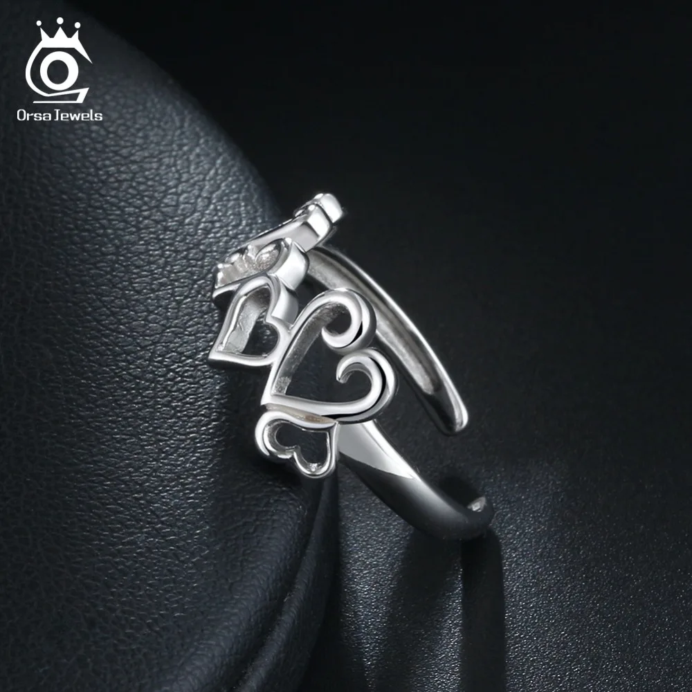ORSA JEWELS Luxury 925 Real Sterling Silver 10MM Hollowed Sweet Heart Adjustable Ring Love Female Wedding Party Jewelry SR106