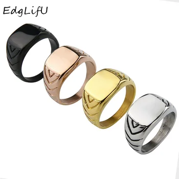 

EdgLifU Men's Simple Signet Ring Polished Black Plating Stainless Steel Cool Finger Band Ring for Men Lines Design Engrave Logo