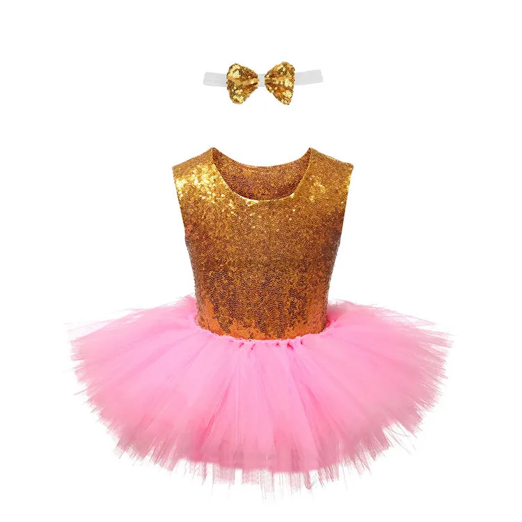 Шикарные платья DREMA с блестками и единорогом для девочек, платье принцессы без рукавов золотого цвета с повязкой на голову, детское платье-пачка с единорогом для костюмированной вечеринки - Цвет: pink