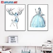 

Watercolor Princess Deer Nordic Poster Wall Art Canvas Painting Posters And Prints Cartoon Wall Pictures For Living Room Decor