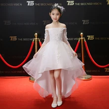 Г. Детское Модное бальное платье со шлейфом, без рукавов, белого/Красного/черного цвета, для дня рождения и свадьбы платье для маленьких девочек, для танцев на фортепиано