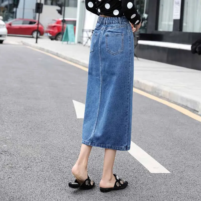 Women Plus Size Front Split Office Lady Straight Denim Skirts 7Xl 8Xl Spring Summer Mid Long Jeans Skirts Mid-Calf Mom Jeans