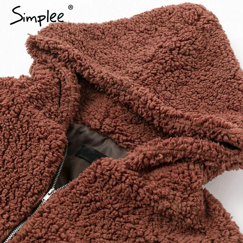 Simplee Faux lambswool thick women jacket coat plus size Winter warm teddy coat Hooded fur coat 2018 outerwear female overcoat