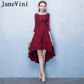 

JaneVini 2018 Simple Burgundy High Low Bridesmaid Dresses With Sleeves Scoop Neck Zipper Back Satin Tea-Length Women Prom Gowns