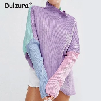

Chic Mock Turtleneck Sweaters Women Color Blocks Patchwork Pullovers Oversized Batwing Sleeve Knitted Long Sweater Jumpers Femme