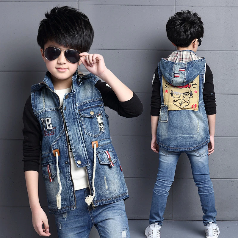 Moda chicos encapuchados Denim jeans chaleco casual primavera niños niño chalecos vaqueros para niños capucha chaqueta sin mangas|waistcoats for boys|boys boy vest - AliExpress