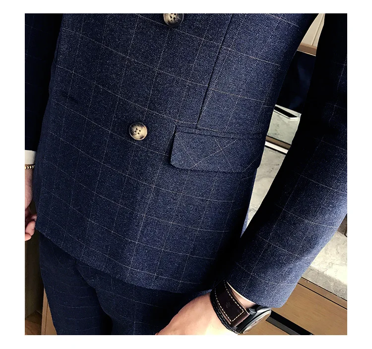 Куртка+ Штаны+ жилет) заказ шерсть мужчин костюм для свадьбы Slim Fit Пром Жених партия костюм для синий двубортный