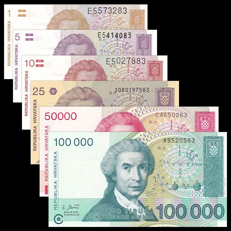 

Croatia 6 PCS Set 1+5+10+25+50000+100000 Dinara,Europe, UNC, Banknotes, Collection, Gift, Genuine, Original Paper Notes