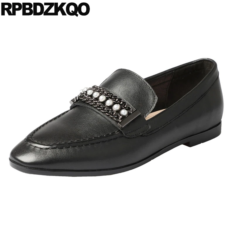 

Designer Shoes Women Luxury 2018 Square Toe Metal Flats Gray Loafers Pearl Size 33 Italian Black Chain Red Wine Genuine Leather
