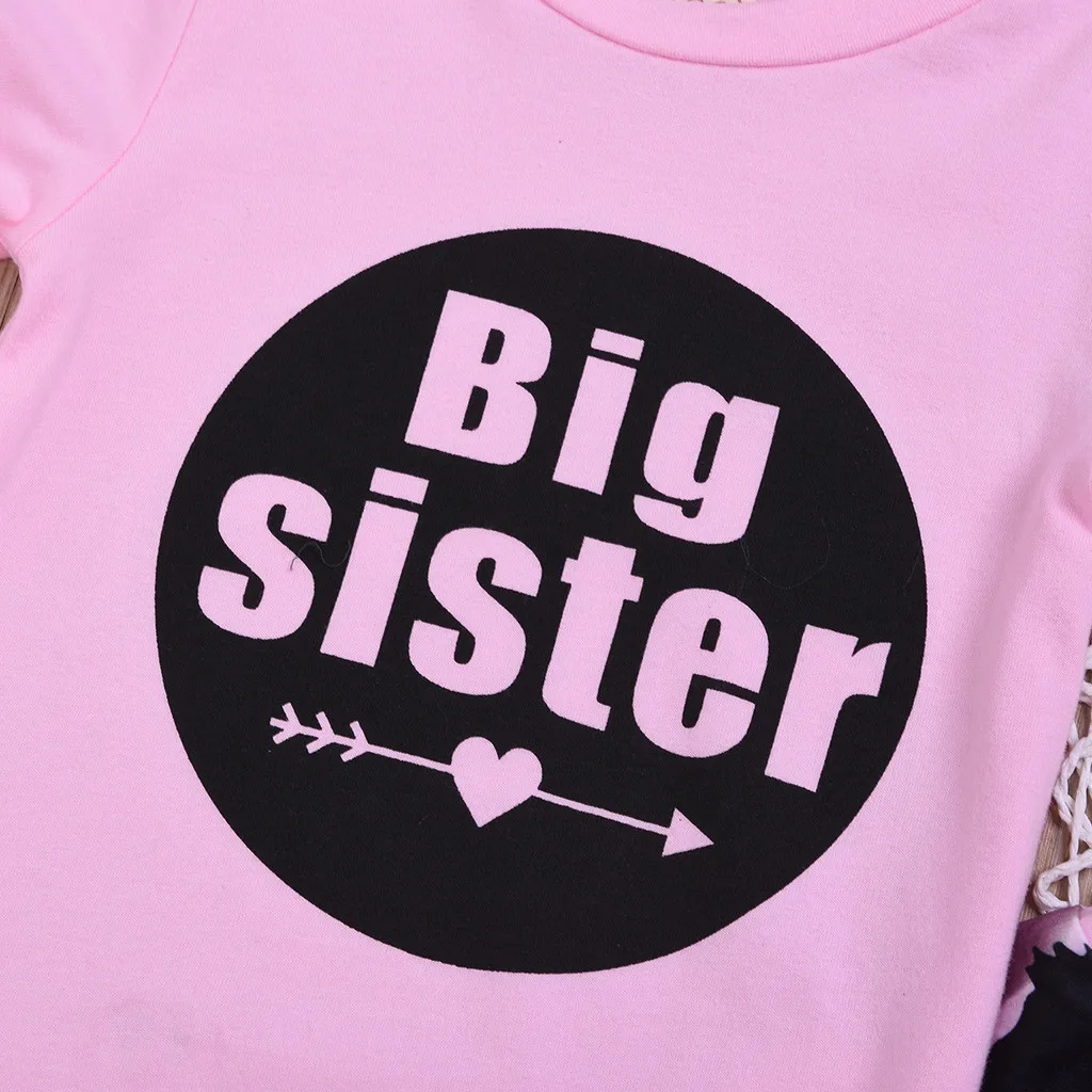 Комплект из 3 предметов, розовая футболка с короткими рукавами и принтом «Big Sister» для новорожденных девочек топы+ штаны+ Набор резинок для волос, одежда# p4