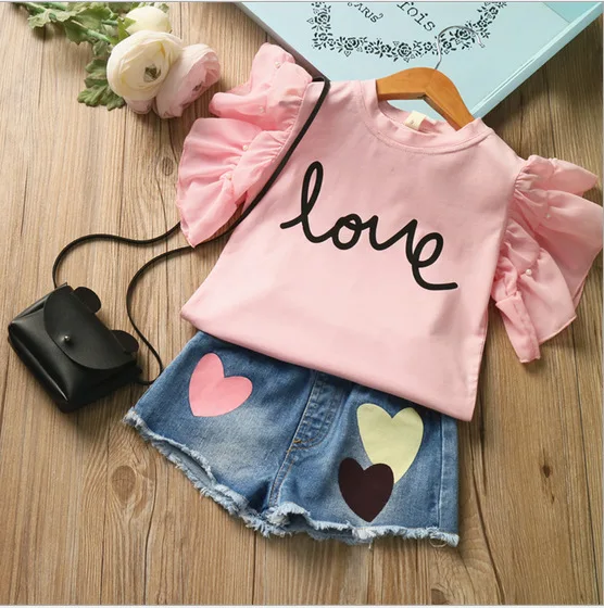 En Ligne Été Fille 2 pièces Vêtements Ensembles Perle AMOUR manches courtes T shirt Et Short En Jean Pantalon Costumes Enfants Vêtements Ensemble Enfants Vêtements