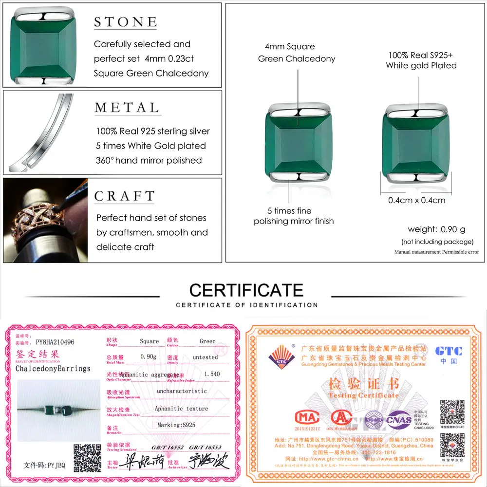 Lamoon 4mm 0.6x2 ct Natural Green Chalcedony 925 Sterling Silver Simple Stud Earrings Jewelry S925 For Women LMEI028