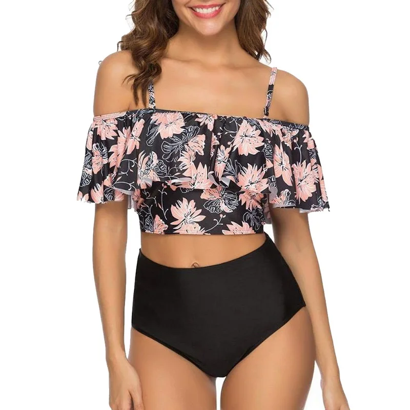 2019 New Sexy Women Bikini Set Mujer Ruffle Floral Printed Swimsuit Push Up High Waist Bikini Biquinis Brazilian Swimwear Summer